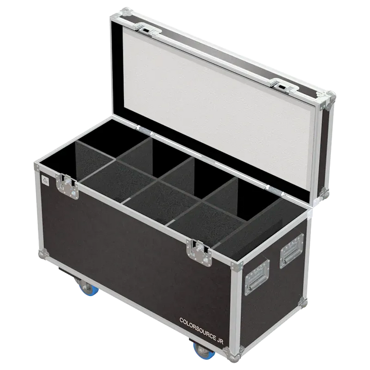 Empty flight case for 8x ETC ColorSource Spot junior showing high-density vertical slots and accessory storage