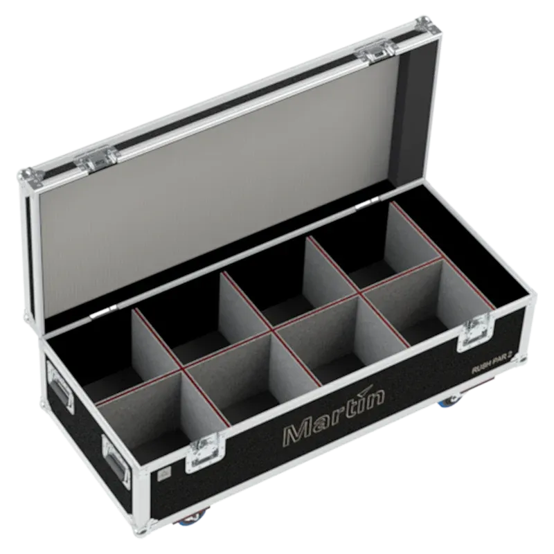 Empty flight case for 8x OXO Colorzoom 180 showing precision-cut vertical slots and accessory storage