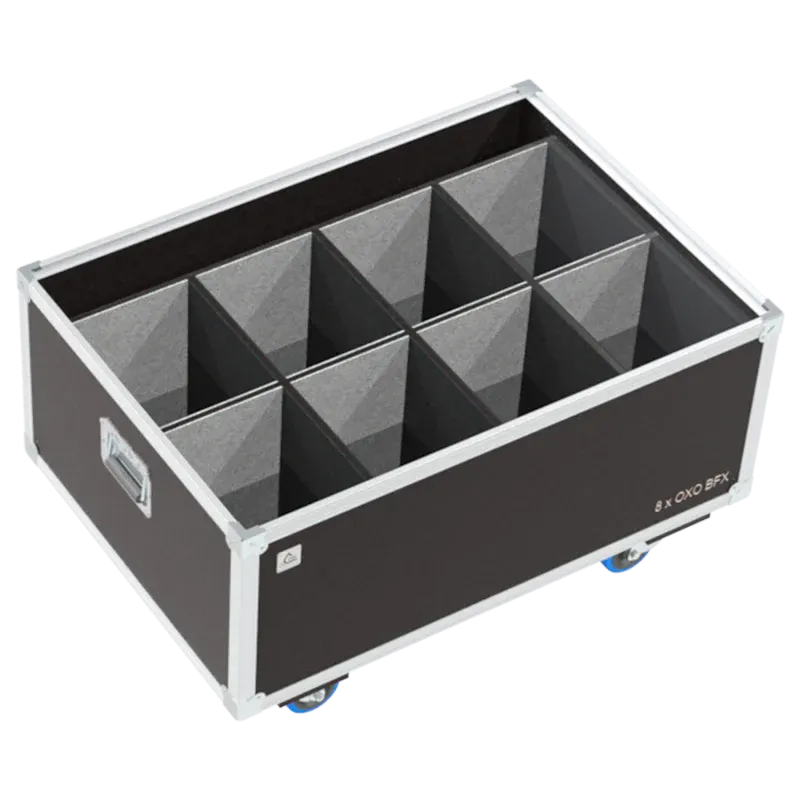 Empty ALP FLIGHT CASES 8-way trunk for OXO BFX 150 showing internal slots and cable management space