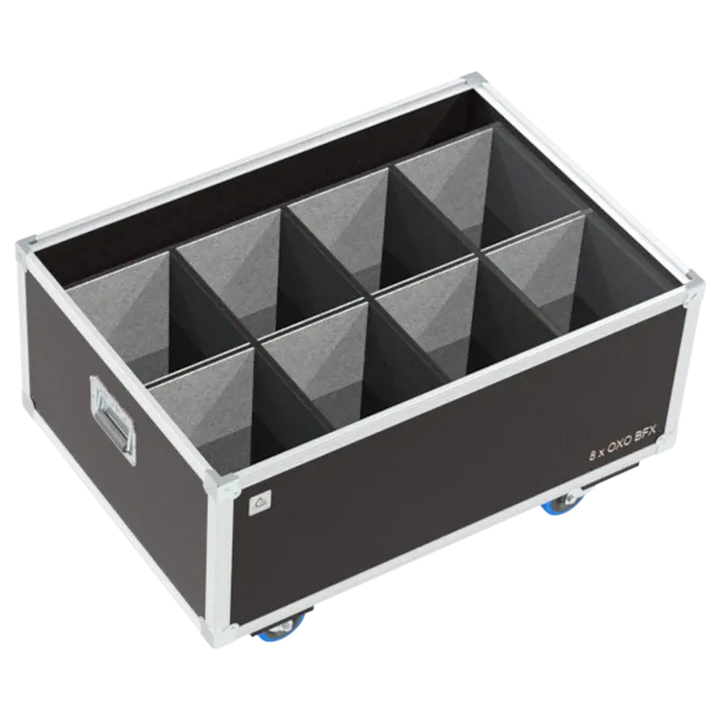 Empty ALP FLIGHT CASES 8-way trunk for OXO BFX 150 showing internal slots and cable management space