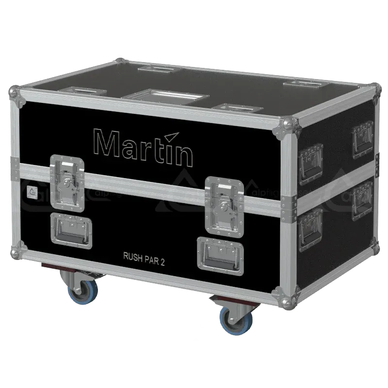 Front view of 8x Martin RUSH PAR 2 RGBW Zoom flight case with wheels and heavy-duty touring hardware