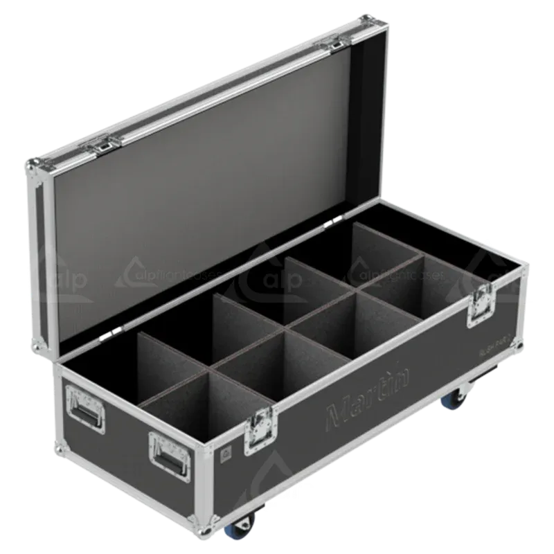 Empty flight case for 8x Martin RUSH PAR 2 showing high-density vertical slots and accessory storage