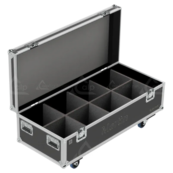 Empty flight case for 8x Martin RUSH PAR 2 showing high-density vertical slots and accessory storage