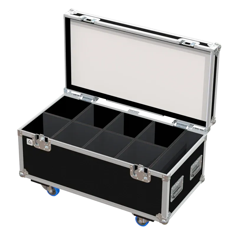 Empty flight case for 8x Showtec Spectral M1500 showing precision-cut vertical slots and accessory storage