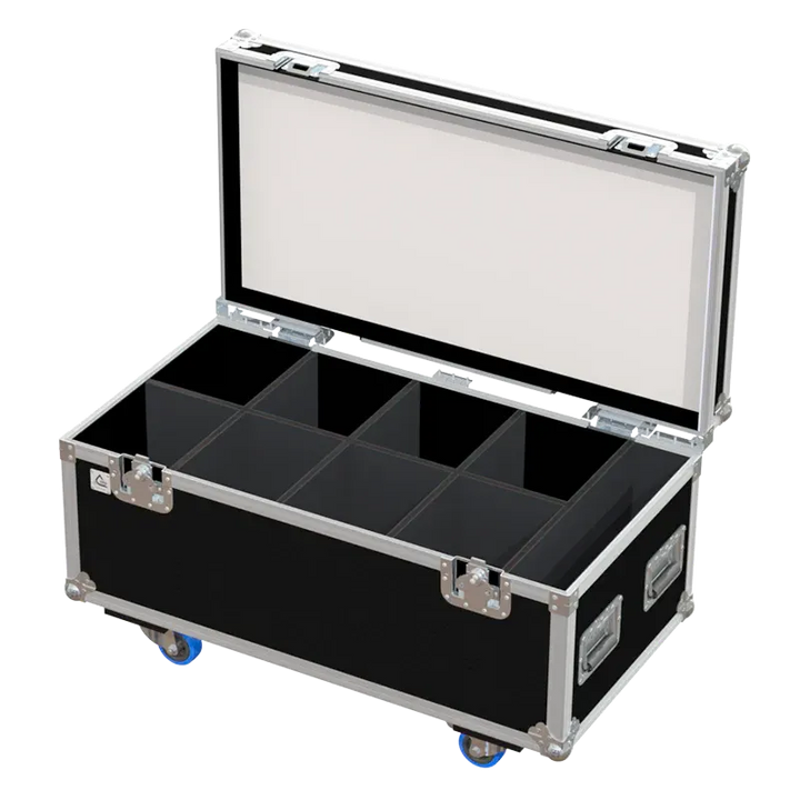 Empty flight case for 8x Showtec Spectral M1500 showing precision-cut vertical slots and accessory storage