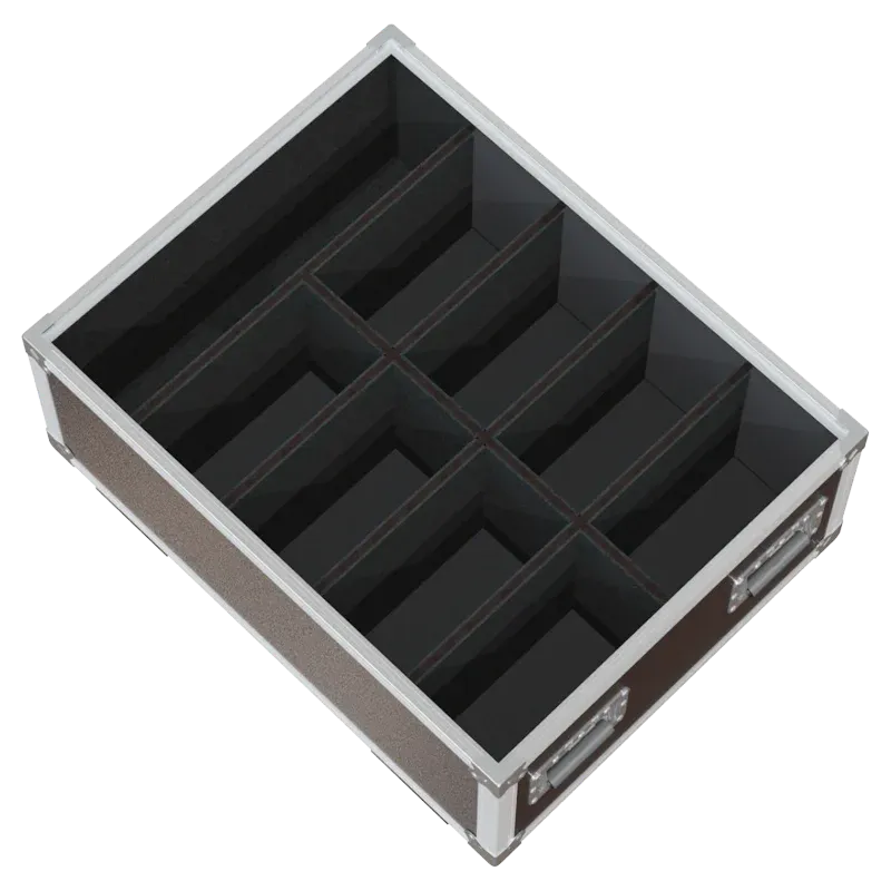 Empty flight case for 8x Starway Windkolor showing precision-cut vertical slots and accessory storage