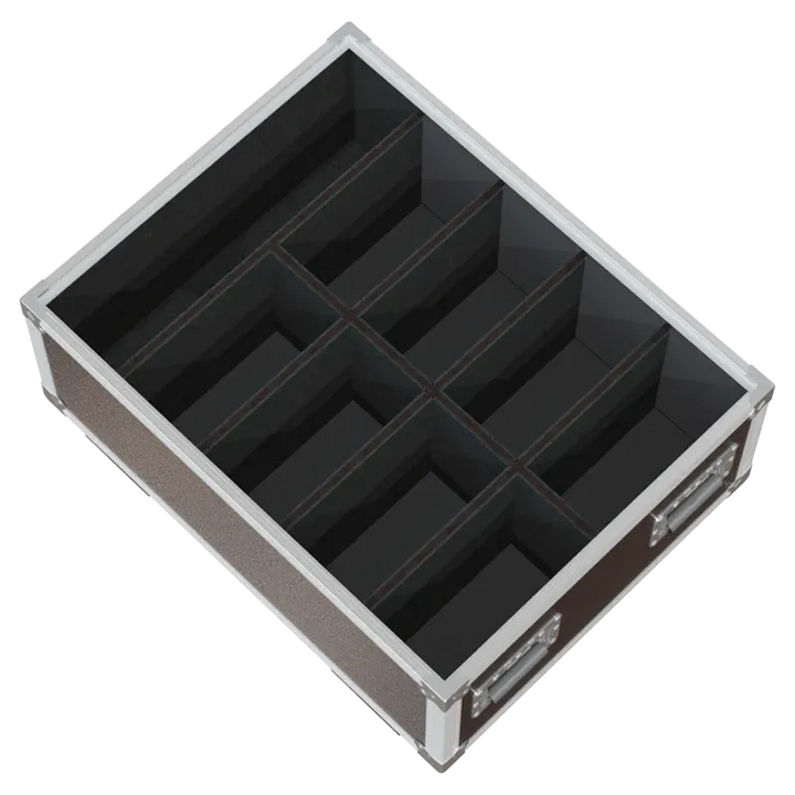 Empty flight case for 8x Starway Windkolor showing precision-cut vertical slots and accessory storage