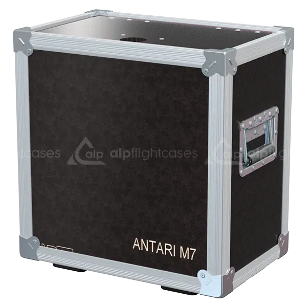 Front view of Antari M7 RGB flight case with wheels and heavy-duty touring hardware