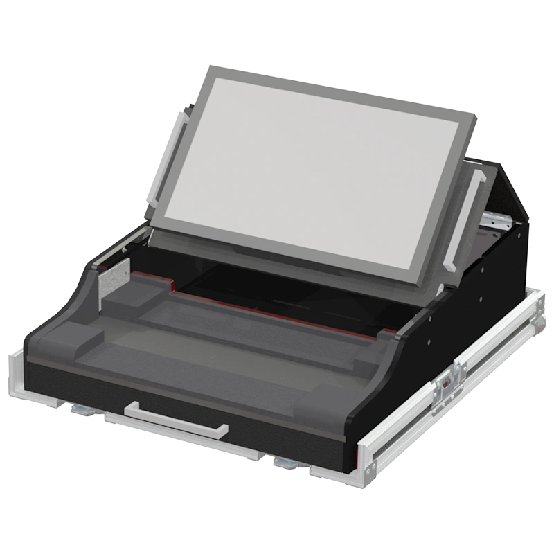 AVOLITES TITAN MOBILE + DRAWER + DISPLAY - WHEELS OPEN SIDE VIEW FLIGHT CASE