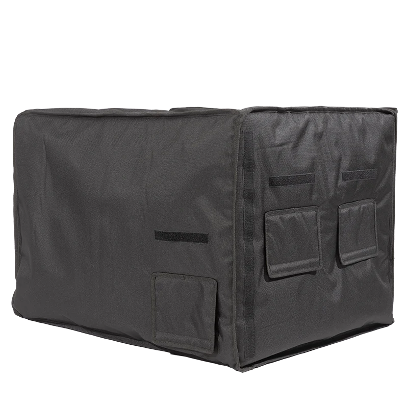Professional subwoofer cover rear and side view, showcasing access hatches for handles and rear connectors on the ALP cover
