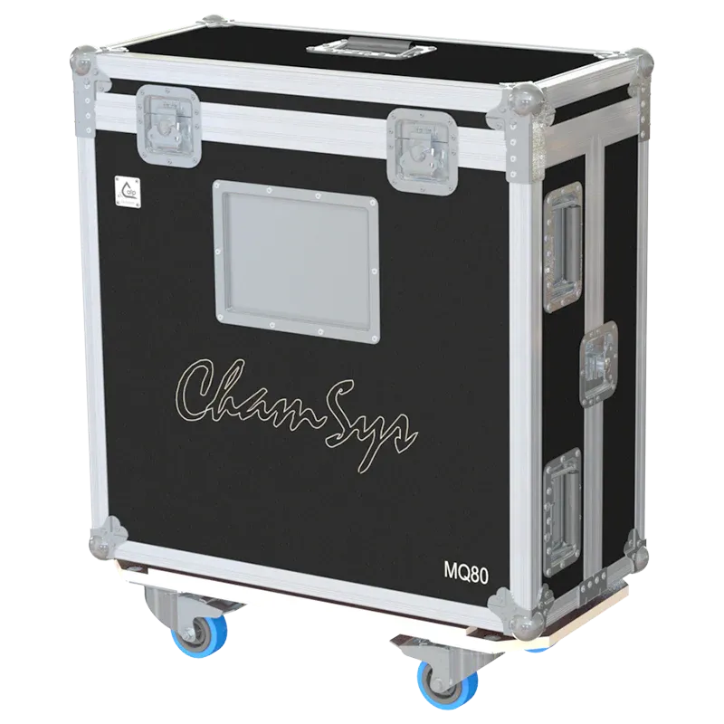 CHAMSYS MAGICQ80 + DISPLAY - WHEELS SIDE VIEW FLIGHT CASE FRONT