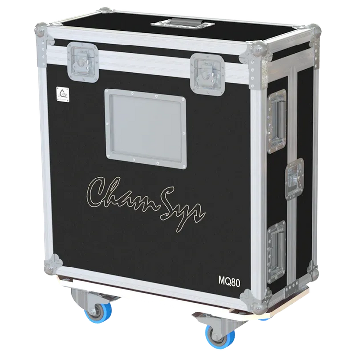CHAMSYS MAGICQ80 + DISPLAY - WHEELS SIDE VIEW FLIGHT CASE FRONT
