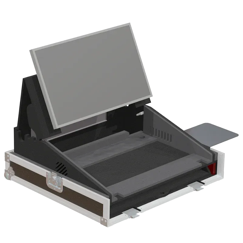 CHAMSYS MAGICQ80 + DISPLAY - WHEELS FRONT SIDE VIEW OPEN FLIGHT CASE