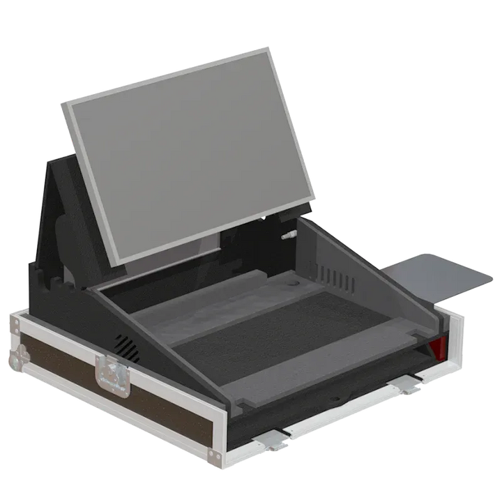CHAMSYS MAGICQ80 + DISPLAY - WHEELS FRONT SIDE VIEW OPEN FLIGHT CASE
