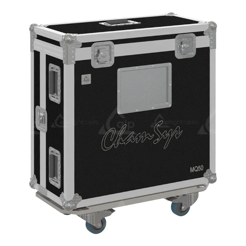 CHAMSYS MAGICQ MQ50 CONSOLE+ DRAWER + SUP LCD - WHEELS FLIGHT CASE LATERAL SIDE VIEW