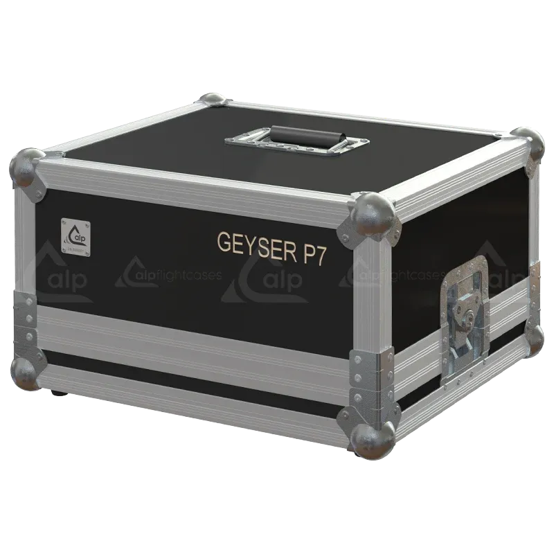 ALP FLIGHT CASES front view of Chauvet DJ Geyser P7 vertical fog machine flight case with heavy-duty touring hardware and wheels