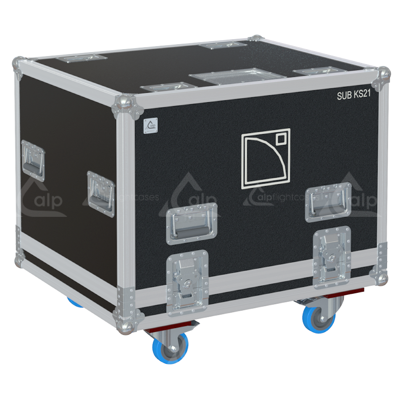 Front view of the professional touring flight case for 1x L-Acoustics KS21 subwoofer by ALP Flight Cases