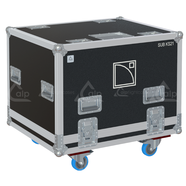 Front view of the professional touring flight case for 1x L-Acoustics KS21 subwoofer by ALP Flight Cases