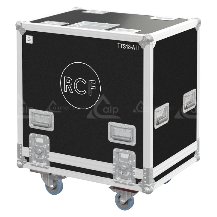 Front view of the professional touring flight case for 1x RCF TTS 18-A II subwoofer by ALP Flight Cases