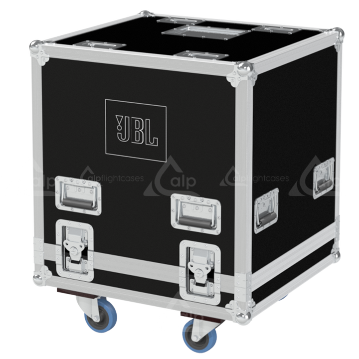 Rear view of the road case for JBL EON 718S showing heavy-duty hardware and 10mm birch plywood construction