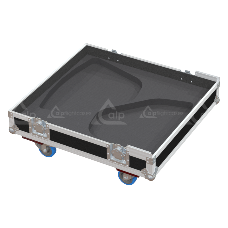 Empty interior of the flight case for 2x NEXO P18 showing precision CNC-cut foam inserts for secure packing
