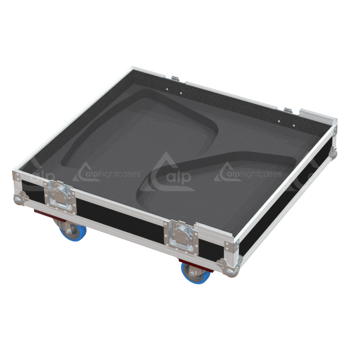 Empty interior of the flight case for 2x NEXO P18 showing precision CNC-cut foam inserts for secure packing
