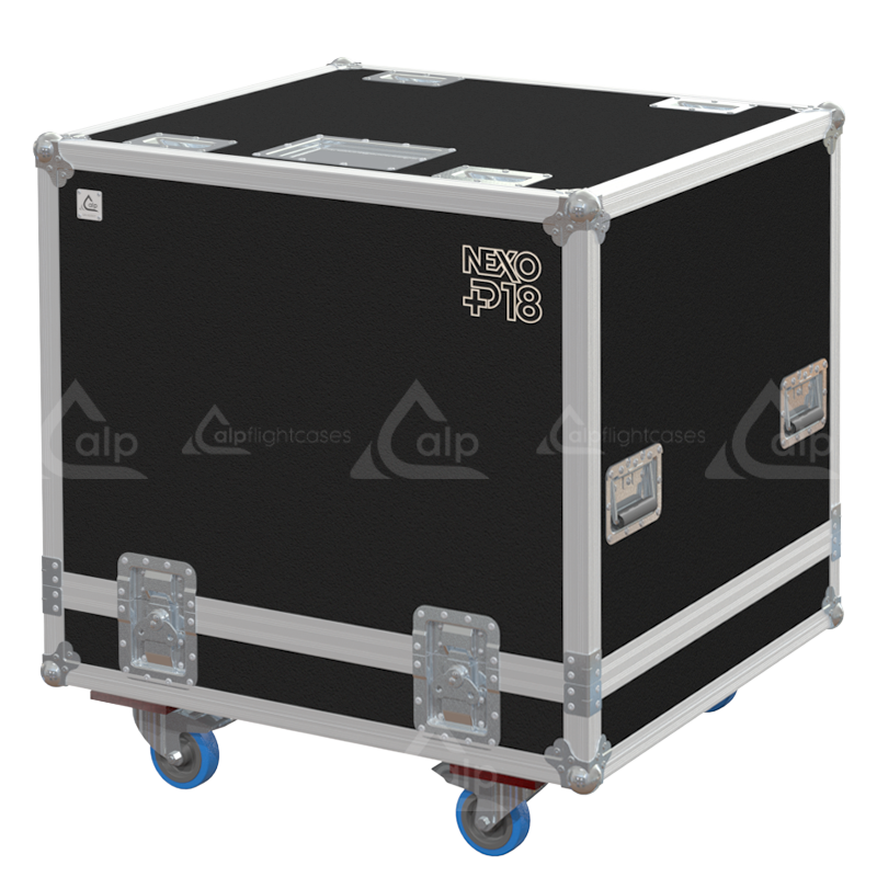 Front view of the twin touring flight case for 2x NEXO P18 coaxial speakers by ALP Flight Cases
