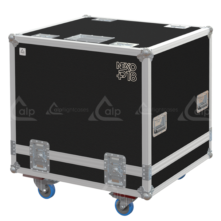 Front view of the twin touring flight case for 2x NEXO P18 coaxial speakers by ALP Flight Cases