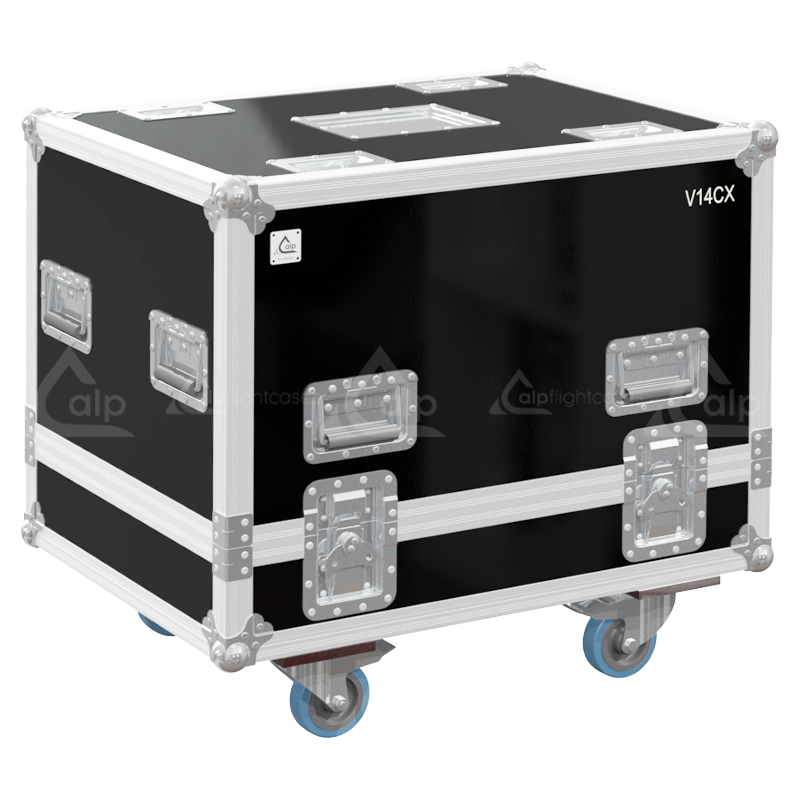 Front view of the twin touring flight case for 2x Tecnare V14CX coaxial monitors by ALP Flight Cases