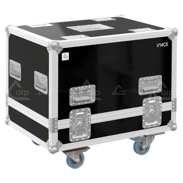 Front view of the twin touring flight case for 2x Tecnare V14CX coaxial monitors by ALP Flight Cases