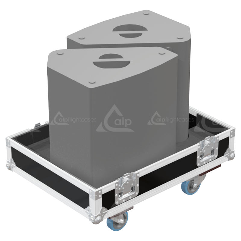 Two Tecnare V14CX monitors safely secured inside the custom pro audio flight case for professional touring