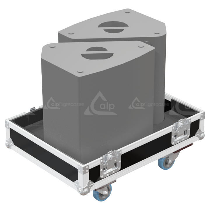Two Tecnare V14CX monitors safely secured inside the custom pro audio flight case for professional touring