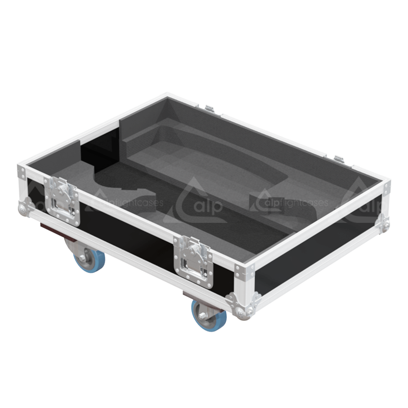 Empty interior of the flight case for 2x Tecnare V14CX showing precision CNC-cut foam inserts for secure packing