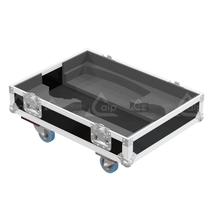 Empty interior of the flight case for 2x Tecnare V14CX showing precision CNC-cut foam inserts for secure packing