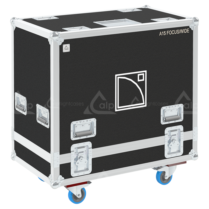 Front view of the professional twin touring flight case for 2x L-Acoustics A15 Focus or Wide by ALP Flight Cases
