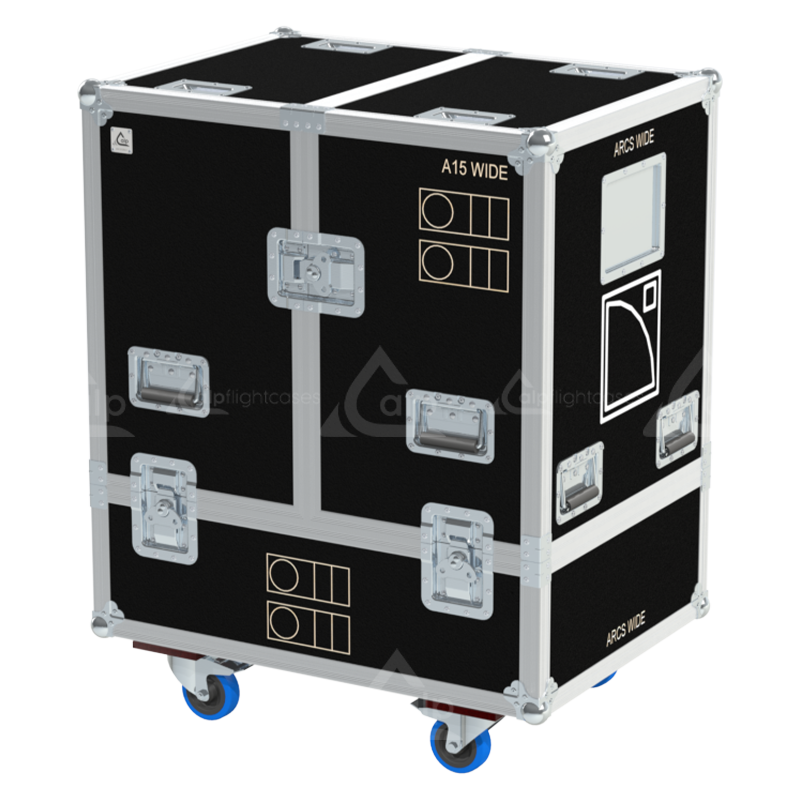 Front view of the professional twin touring flight case for 2x L-Acoustics A15 Wide Gauche by ALP Flight Cases