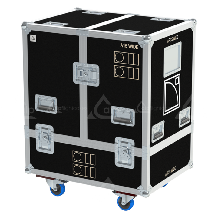 Front view of the professional twin touring flight case for 2x L-Acoustics A15 Wide Gauche by ALP Flight Cases