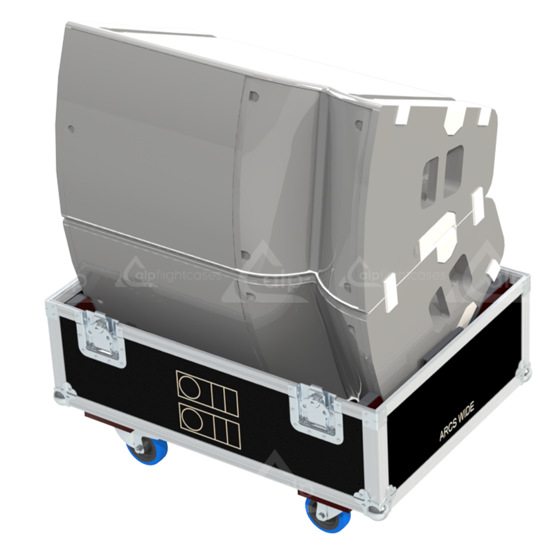 Two L-Acoustics A15 Wide Gauche speakers safely secured inside the custom flight case for professional rental