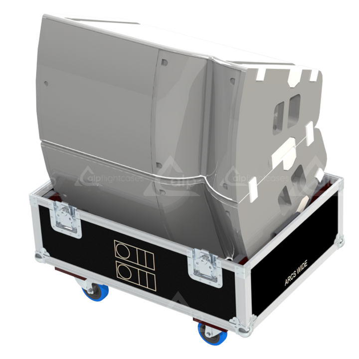 Two L-Acoustics A15 Wide Gauche speakers safely secured inside the custom flight case for professional rental