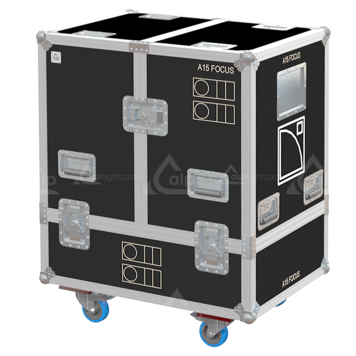 Front view of the professional twin touring flight case for 2x L-Acoustics A15 Focus Gauche by ALP Flight Cases