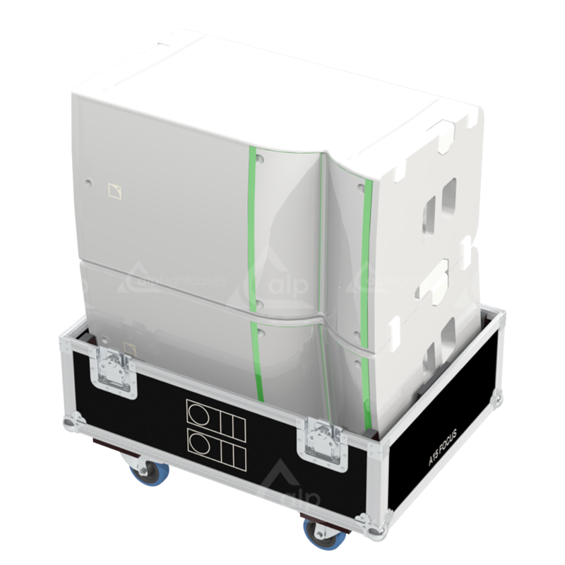 Two L-Acoustics A15 Focus Gauche speakers safely secured inside the custom flight case for professional rental