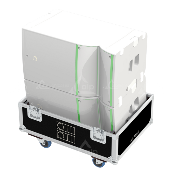 Two L-Acoustics A15 Focus Gauche speakers safely secured inside the custom flight case for professional rental