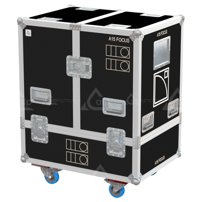 Front view of the professional twin touring flight case for 2x L-Acoustics A15 Focus Droite by ALP Flight Cases