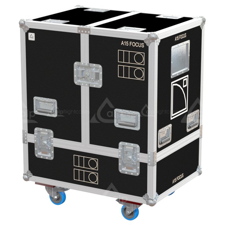 Front view of the professional twin touring flight case for 2x L-Acoustics A15 Focus Droite by ALP Flight Cases