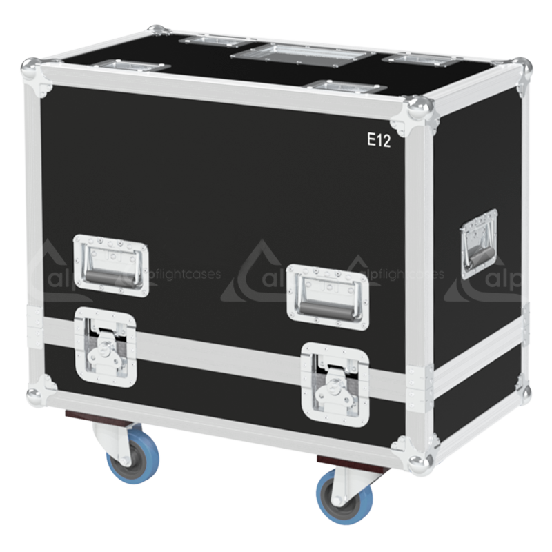 Rear view of the road case for d&b E12 V2 showing heavy-duty hardware and 9mm birch plywood construction