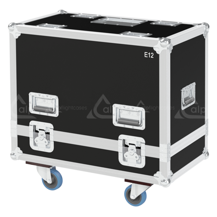 Rear view of the road case for d&b E12 V2 showing heavy-duty hardware and 9mm birch plywood construction