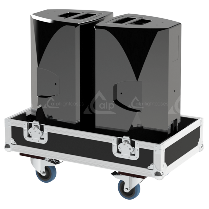 Two d&b audiotechnik E12 V2 loudspeakers safely secured inside the custom pro audio flight case for safe transport