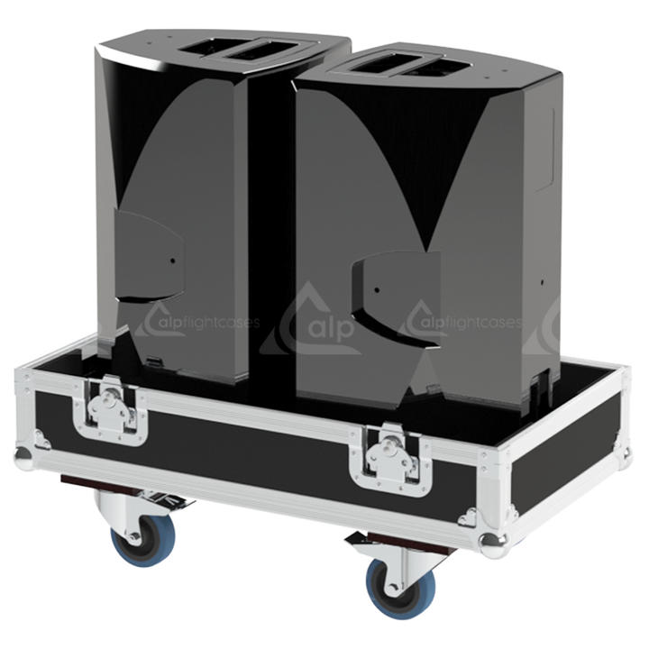 Two d&b audiotechnik E12 V2 loudspeakers safely secured inside the custom pro audio flight case for safe transport