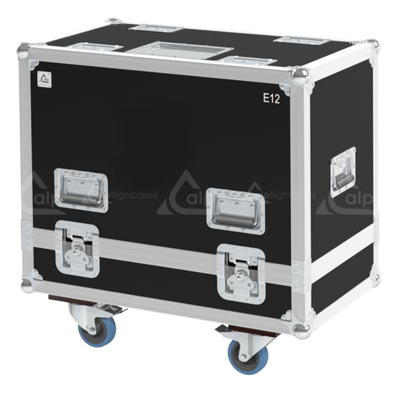 Front view of the twin touring flight case for 2x d&b audiotechnik E12 V2 speakers by ALP Flight Cases