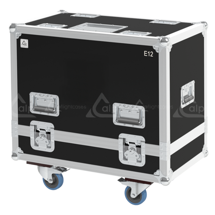 Front view of the twin touring flight case for 2x d&b audiotechnik E12 V2 speakers by ALP Flight Cases